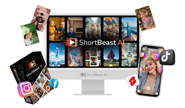 Dashboard of ShortBeast AI platform showing short video creation tools for YouTube, TikTok, Instagram, and Facebook with options to edit, generate, and export viral videos for brands, creators, and marketers.