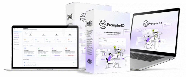 Dashboard view of PrompterIQ – an AI-powered prompt generation tool for ChatGPT, showing user-friendly interface and ready-to-use prompt templates on a laptop and mobile device."